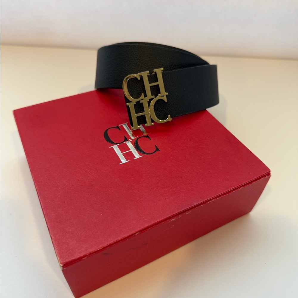 Black Leather Belt with Gold CH Logo